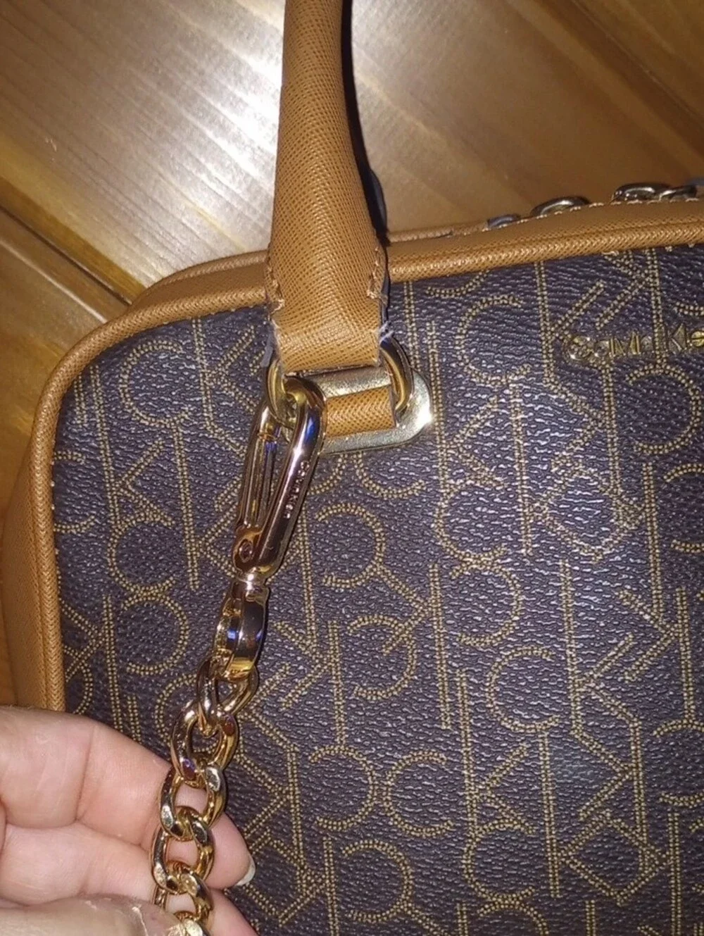 Calvin Klein Brown Monogram Satchel with Tan Trim and Gold Chain